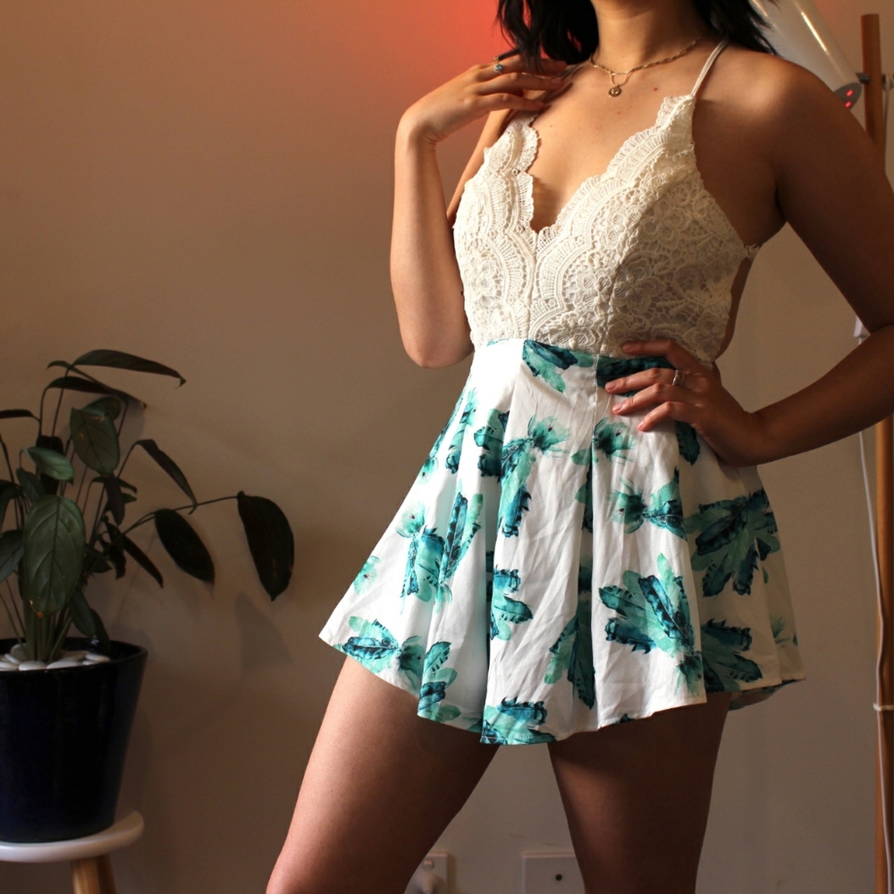 Paradisco white lace and green floral romper